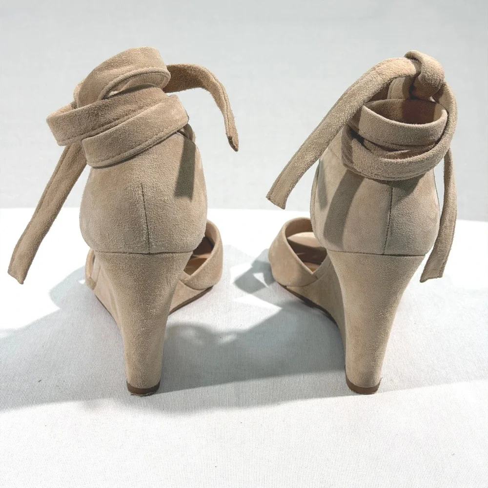 Aquazzura Tarzan Beige Suede Ankle Tie Wedge Sandals Size 8 8.5 38.5 Italy